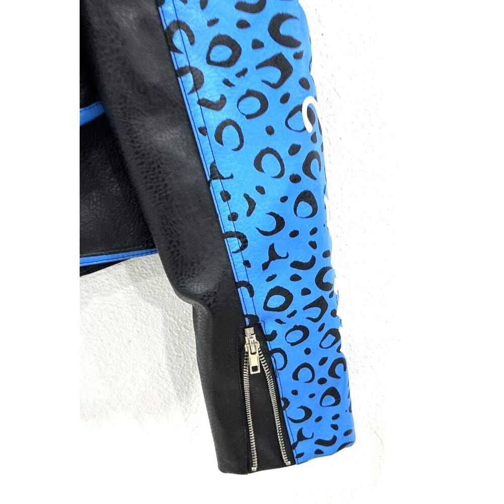Azalea Wang Stud Moto Jacket Vegan Leather Blue World Panther Graphics - Size L - Picture 3 of 6